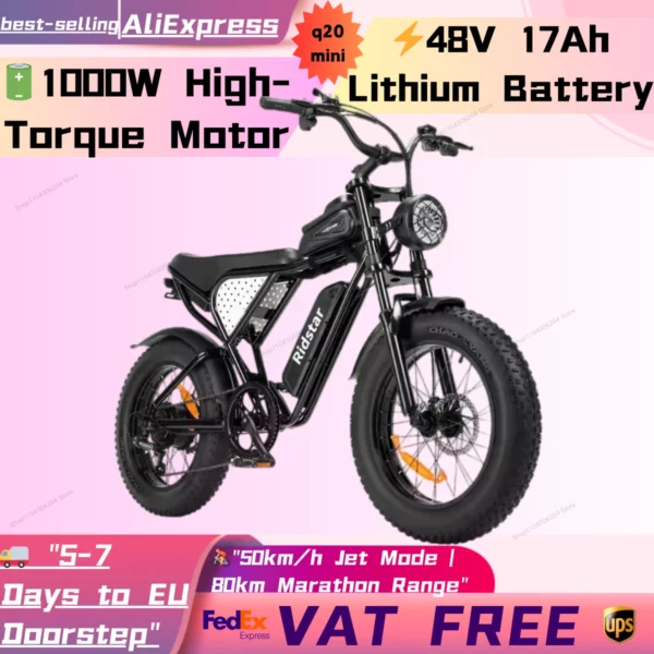 Ridstar Q20 Mini Electric Bike, 1000W Motor, 48V 15AH Battery, 20*4.0 inch Fat Tires Ebike, 40km/h Max Speed,Disc Brakes