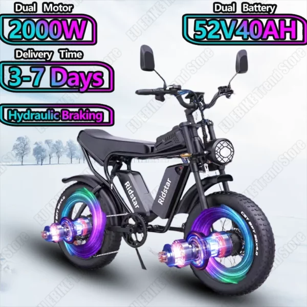 Electric Bicycle 2000W Dual Motor 52V40Ah Dual Lithium Battery E Bike Hydraulic Brake All Terrain 20 Inch Fat Tire Electric Bike